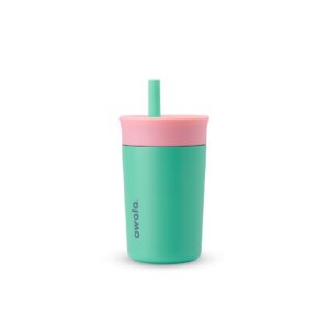 Owala Kids Insulation Stainless Steel Tumbler with Spill Resistant Flexible Straw. Easy to Clean. Kids Water Bottle. Great for Travel. Dishwasher Safe. 12 Oz. Pink and Teal (Real Cool Fish)