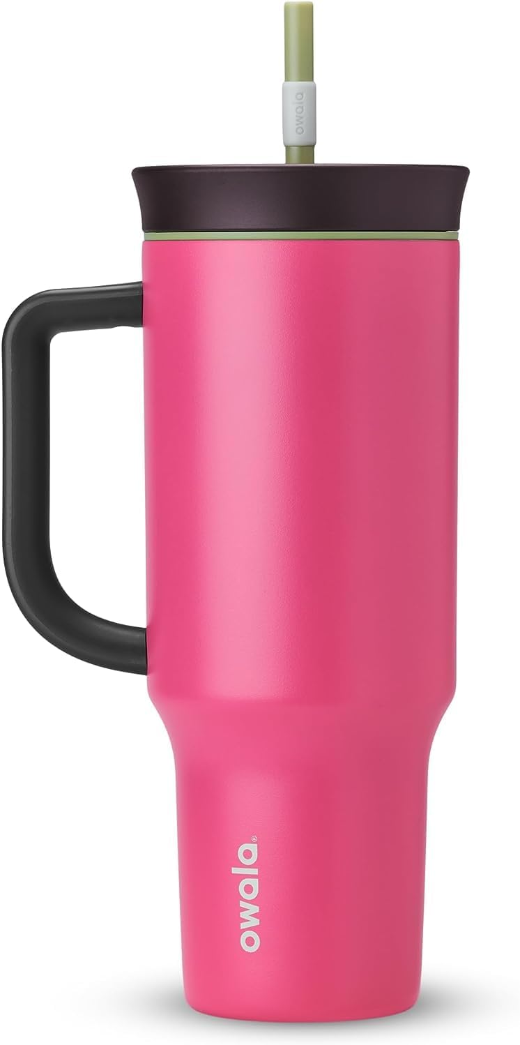 Owala Stainless Steel Triple Layer Insulated Travel Tumbler with Spill Resistant Lid. Straw. and Carry Handle. BPA Free. 40 oz. Pink (Watermelon Breeze)