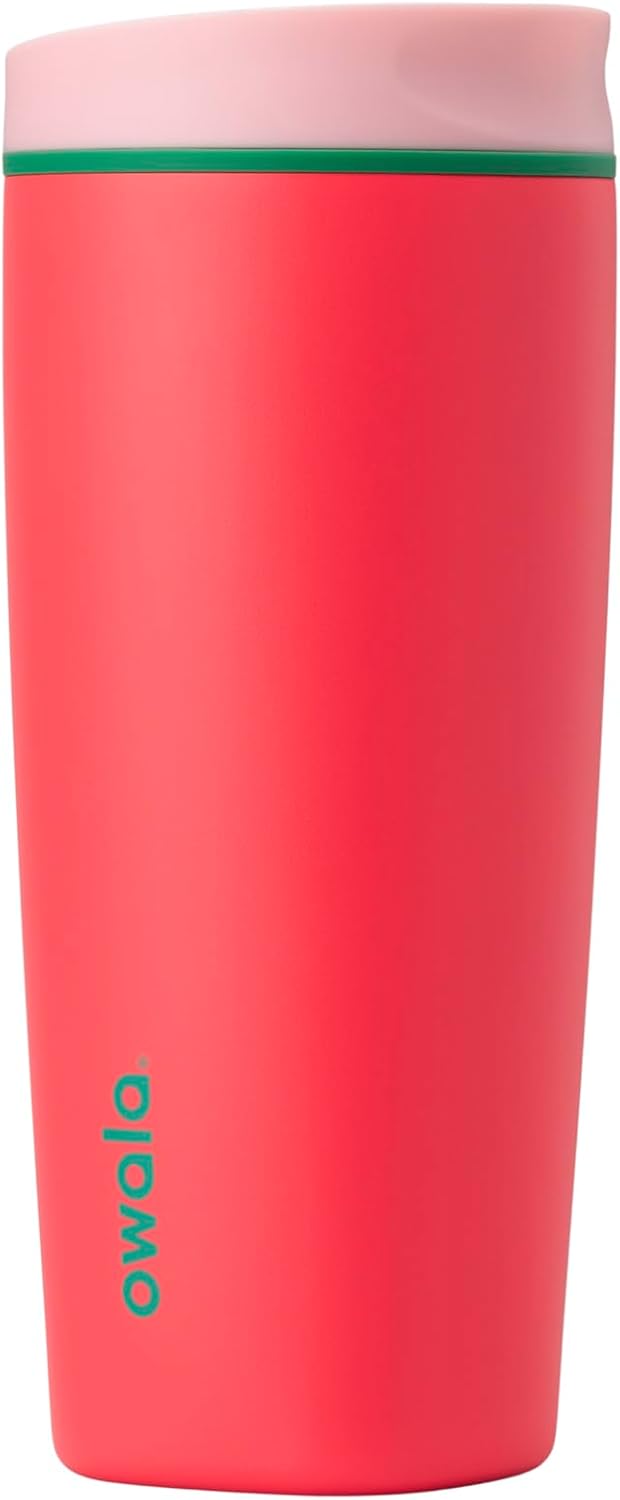Owala SmoothSip Slider Insulated Stainless Steel Coffee Tumbler. Reusable Iced Coffee Cup. Hot Coffee Travel Mug. BPA Free 20 oz. Pink/Red (Strawberry Fields)