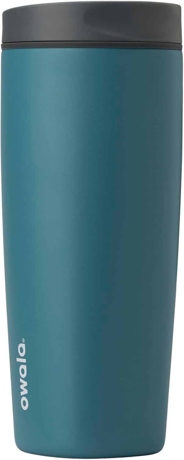 Owala SmoothSip Slider Insulated Stainless Steel Coffee Tumbler. Reusable Iced Coffee Cup. Hot Coffee Travel Mug. BPA Free 20 oz. Grey/Blue (High Dive)
